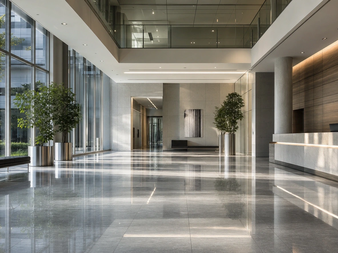 Bürolobby nach der Unterhaltsreinigung, Braunschweig Frisch gereinigte Bürolobby in Braunschweig im Morgenlicht mit spiegelndem Steinboden