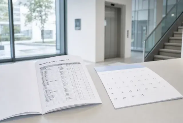 Wartungsplan und Kalenderblatt in einer Bürolobby Aufgeschlagener Wartungsplan mit Leistungstabelle und ein Kalenderblatt auf einem hellen Tisch, dahinter eine Bürolobby mit Aufzug und Treppenhaus