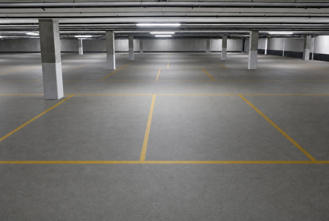 Tiefgarage nach der Grundreinigung Gereinigter Tiefgaragenboden nach der maschinellen Grundreinigung in Braunschweig
