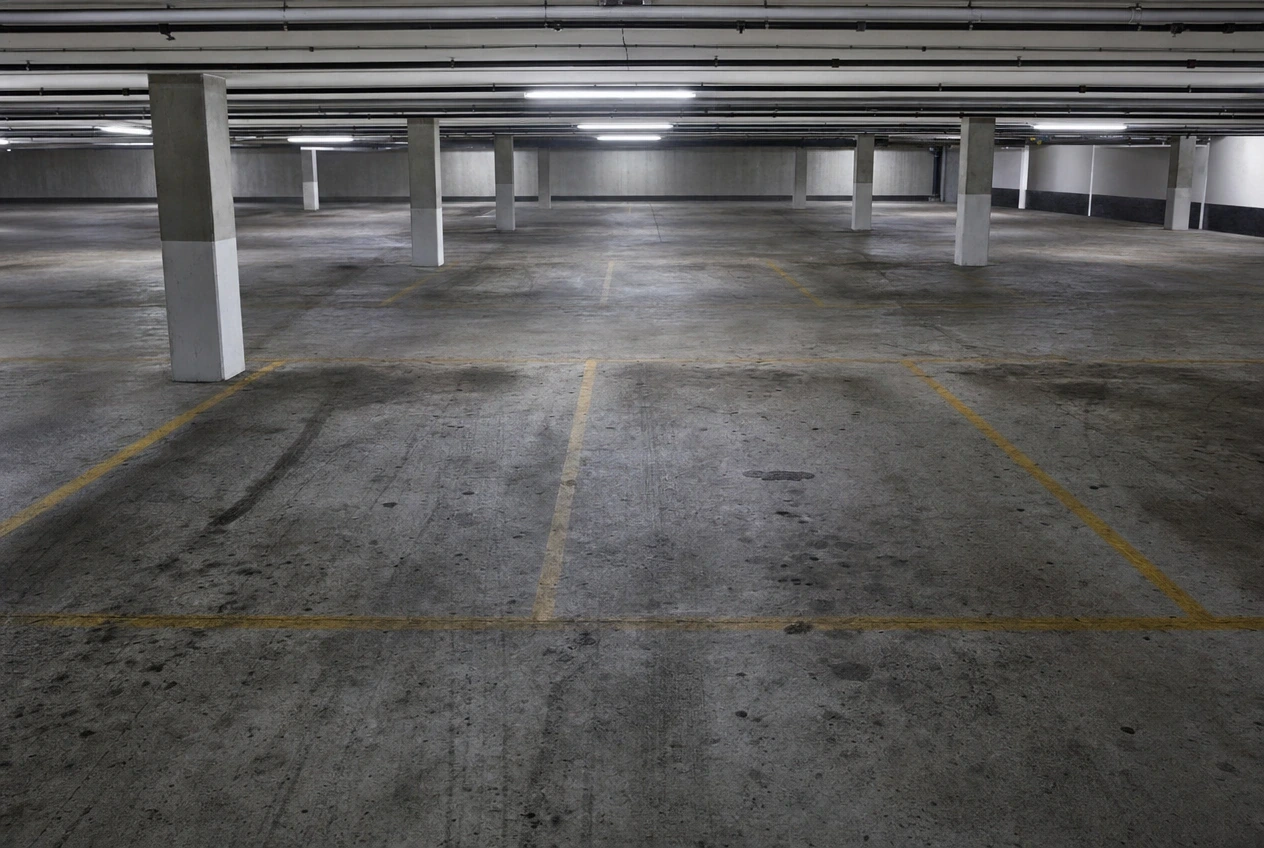Tiefgarage vor der Grundreinigung Verschmutzter Tiefgaragenboden mit Reifenabrieb vor der Grundreinigung in Braunschweig