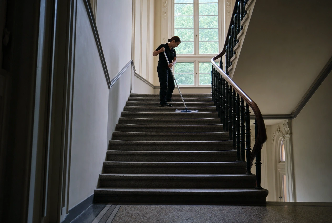 06:45 Uhr – Treppenhaus vor dem ersten Mieter Reinigungskraft wischt ein Treppenhaus in einem Braunschweiger Mehrfamilienhaus