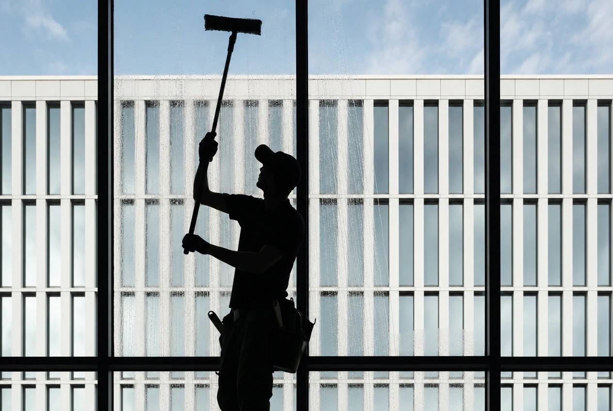 09:00 Uhr – Glasfront im Gewerbegebiet Glasreiniger arbeitet an der Glasfront eines Bürogebäudes in Braunschweig